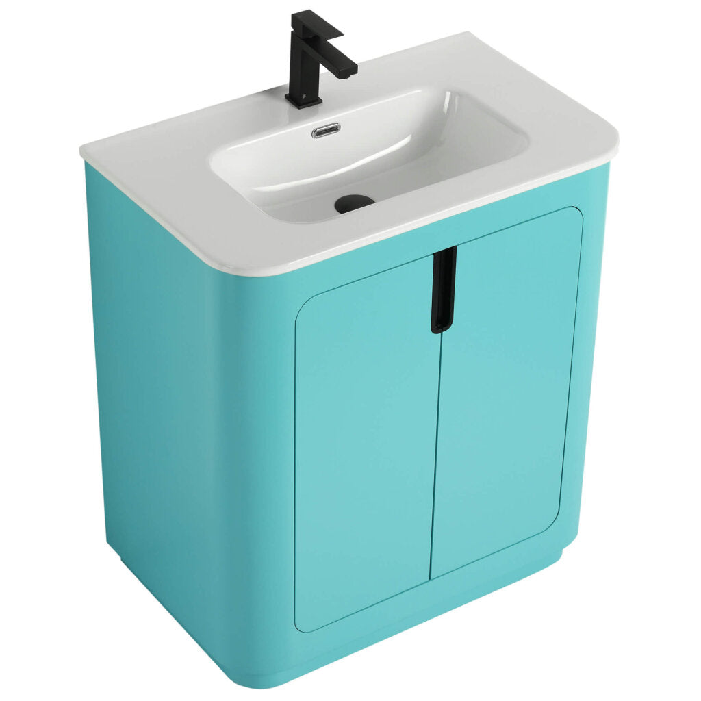 Meet the Shireplace 30 Inch Bathroom Vanity With Sink, a modern set with a white integrated basin on a turquoise cabinet, enhanced by glossy black faucet and chic handleless doors with a central black accent.