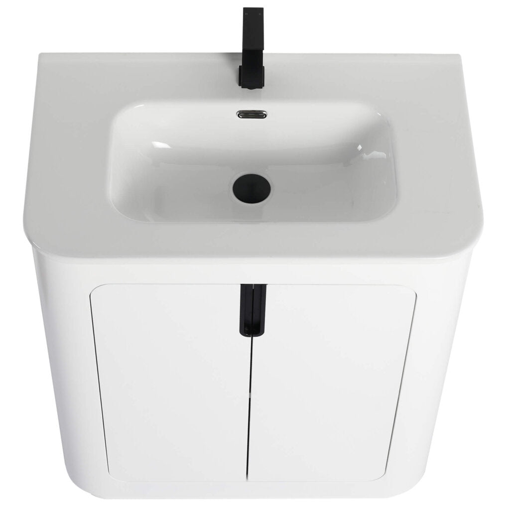 Overhead view of the Shireplace 30 Inch Bathroom Vanity With Sink, showcasing a sleek basin and black faucet. The sink is integrated into a compact cabinet with two doors, highlighting its minimalist design.