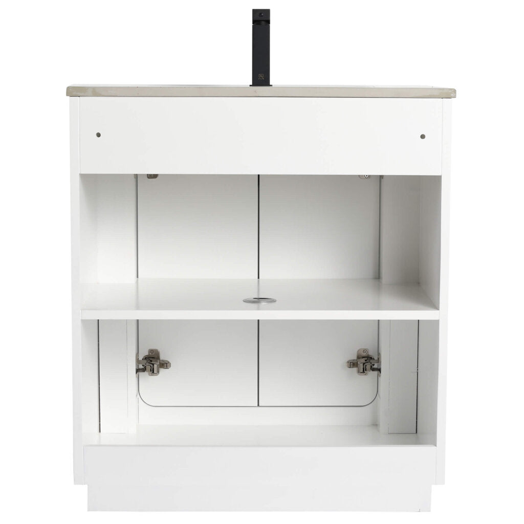 The Shireplace 30 Inch Bathroom Vanity With Sink, in white, has an open back, two shelves, plumbing openings, a circular cutout on the top shelf, and open doors with side hinges for easy access to essentials.