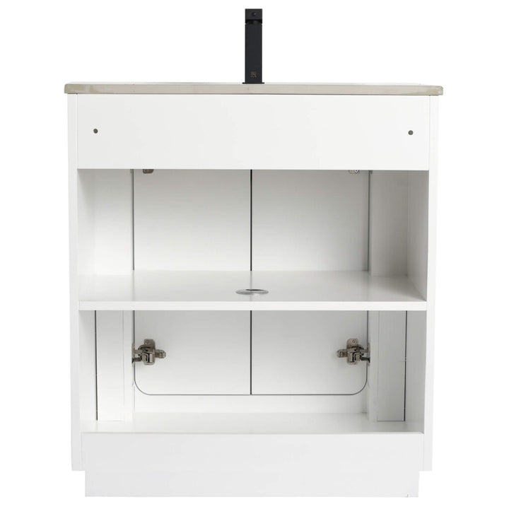 The Shireplace 30 Inch Bathroom Vanity With Sink, in white, has an open back, two shelves, plumbing openings, a circular cutout on the top shelf, and open doors with side hinges for easy access to essentials.