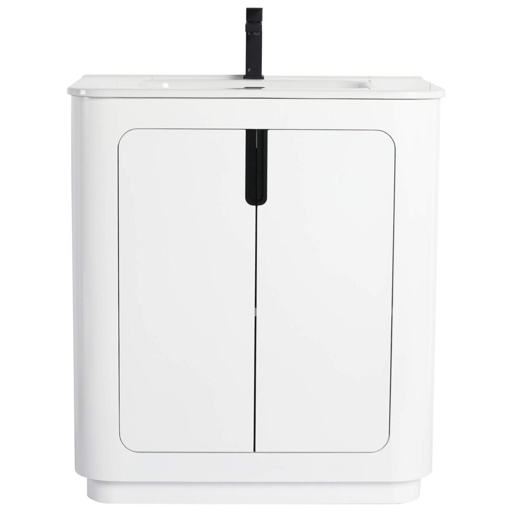 The Shireplace 30 Inch Bathroom Vanity With Sink is a white cabinet featuring two doors, a sleek integrated sink, and black faucet. Its minimalistic design with clean lines and a glossy finish makes it an elegant addition to any bathroom.