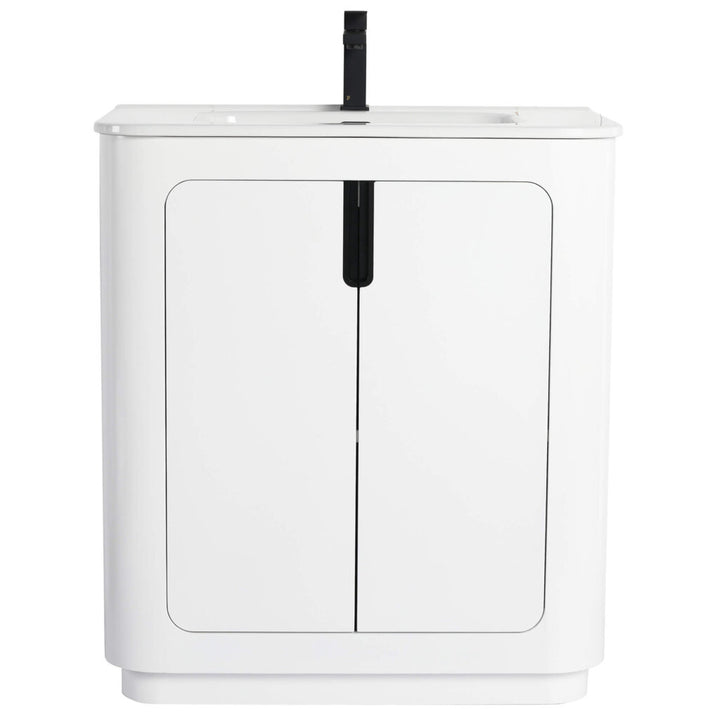 The Shireplace 30 Inch Bathroom Vanity With Sink is a white cabinet featuring two doors, a sleek integrated sink, and black faucet. Its minimalistic design with clean lines and a glossy finish makes it an elegant addition to any bathroom.