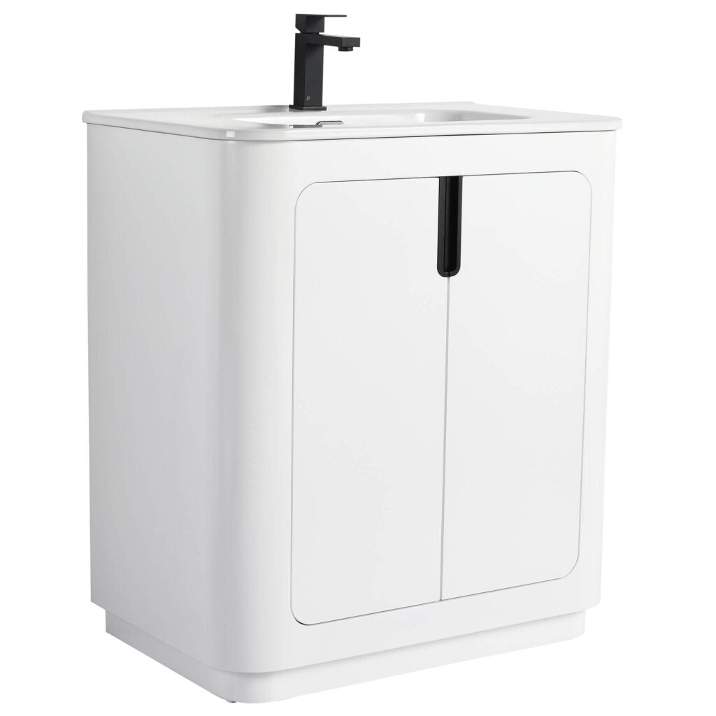 The Shireplace 30 Inch Bathroom Vanity With Sink embodies modern elegance with clean lines, a sleek black faucet, and double cabinet doors featuring integrated handle grooves for effortless style and functionality.