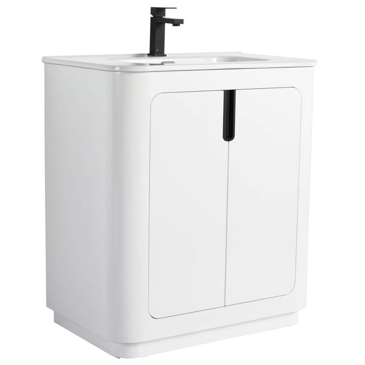 The Shireplace 30 Inch Bathroom Vanity With Sink embodies modern elegance with clean lines, a sleek black faucet, and double cabinet doors featuring integrated handle grooves for effortless style and functionality.