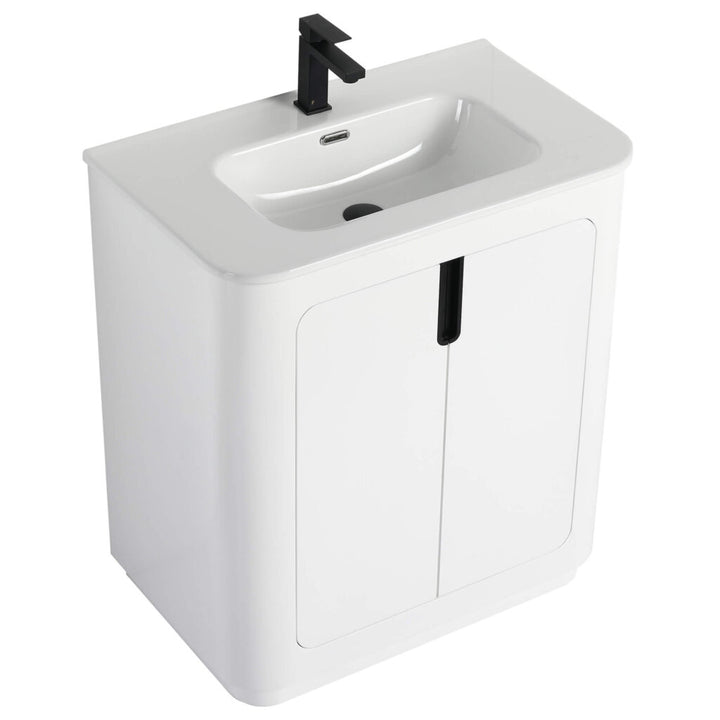 The Shireplace 30 Inch Bathroom Vanity With Sink is a modern piece with a curved basin and sleek black faucet, featuring a minimalist rectangular cabinet with two doors that seamlessly combines style and functionality for contemporary bathrooms.