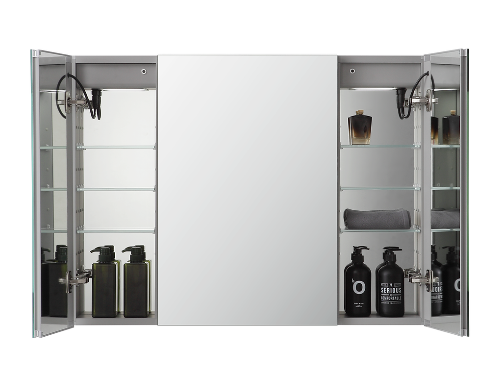 The Signature Royale 36" x 36" LED Lighted Mirror Medicine Cabinet is shown with both doors open, displaying shelves stocked with bottles, a folded towel, and personal care items on either side of the central LED mirror.