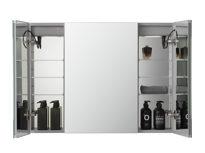 The Signature Royale 36" x 36" LED Lighted Mirror Medicine Cabinet is shown with both doors open, displaying shelves stocked with bottles, a folded towel, and personal care items on either side of the central LED mirror.
