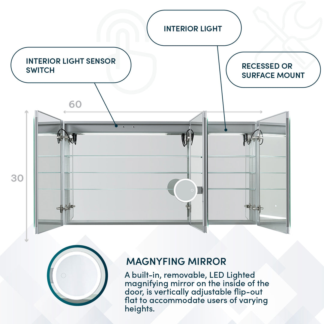 Signature Royale 60" x 30" Triple Door LED Medicine Cabinet