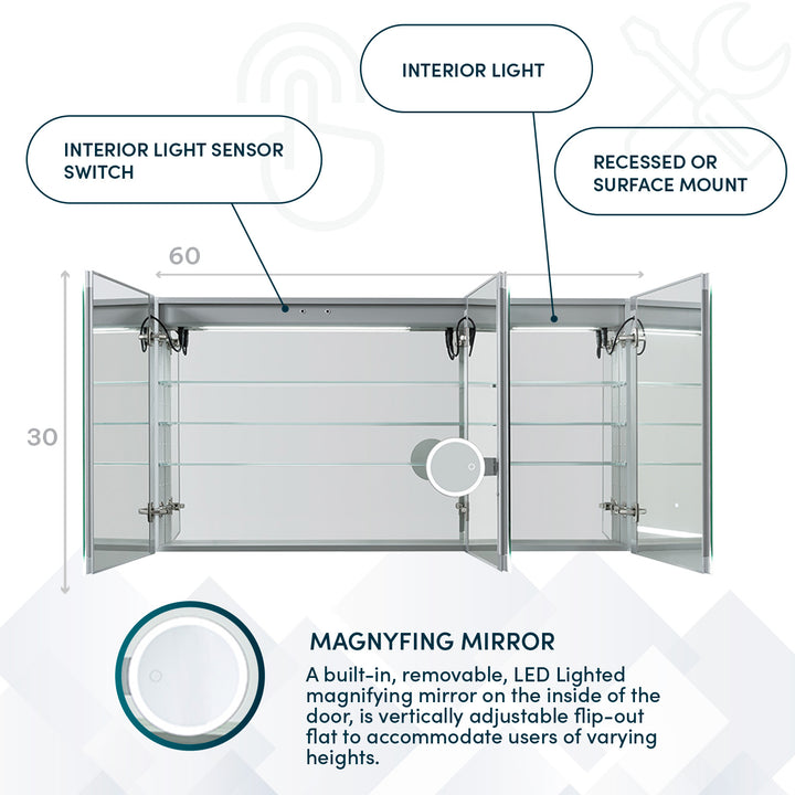 Signature Royale 60" x 30" Triple Door LED Medicine Cabinet