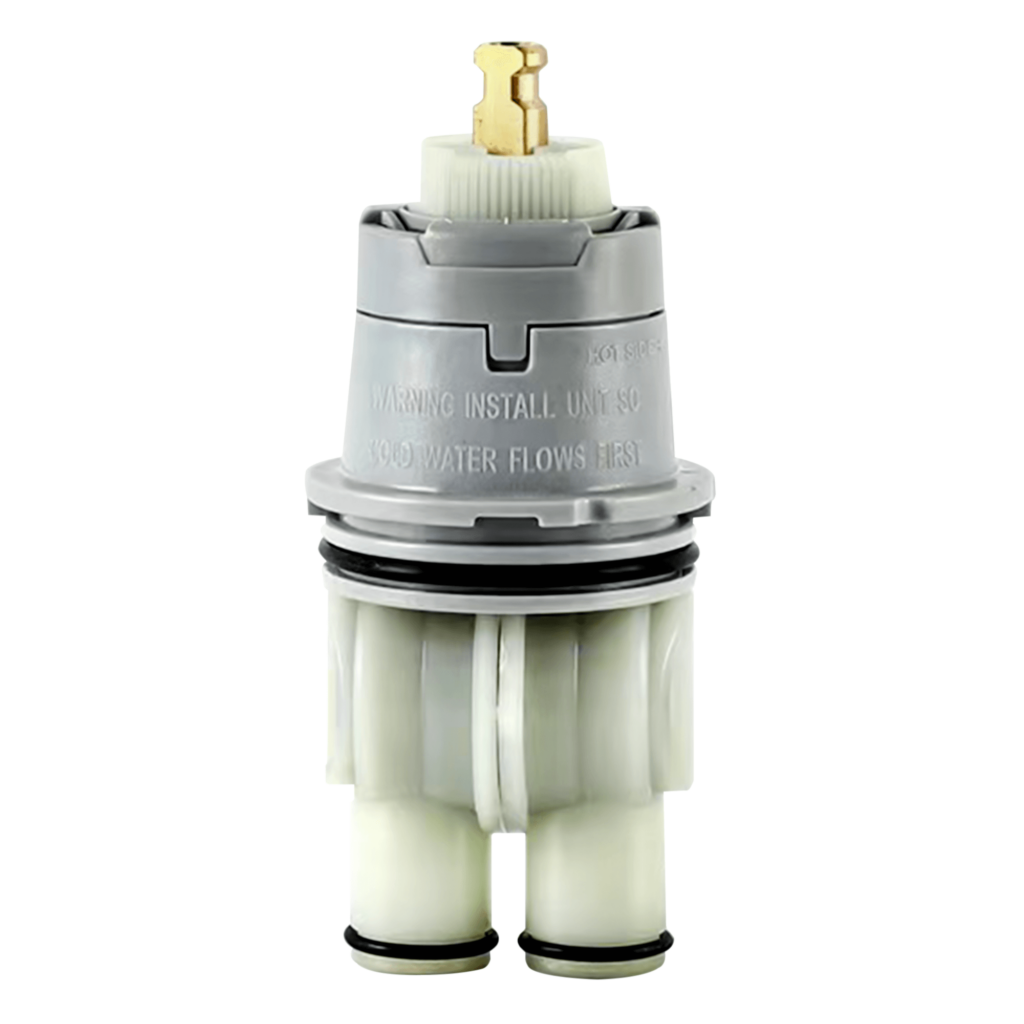 A close-up of a GeoFlow Round Shower System dual-function cartridge with gray, white, and brass parts, two inlet ports at the bottom, and a gear-like top, displayed on a white background.