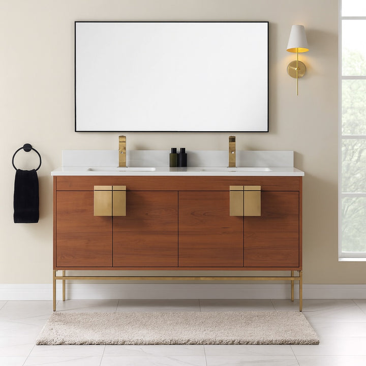 Modern bathroom with a Shawbridge 60 inch Modern Bathroom Vanity With Sink, gold fixtures, large rectangular mirror, wall sconce, black hand towel on a ring, two soap dispensers, and beige rug on white tile floor.