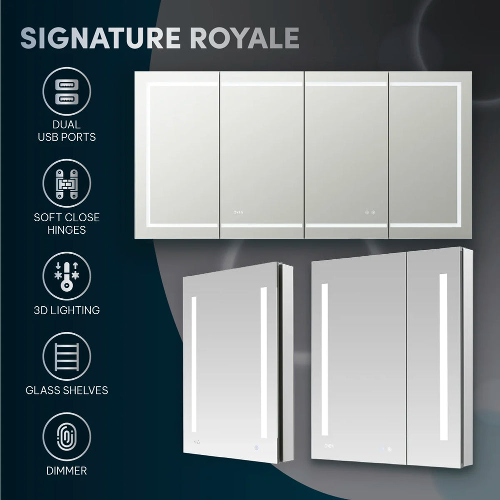 Showcasing the Signature Royale 24x30 Left Sided LED Lighted Mirror Medicine Cabinet with LED lighting, dual USB ports, dimmer, soft close hinges, and glass shelves; includes icons and product images.
