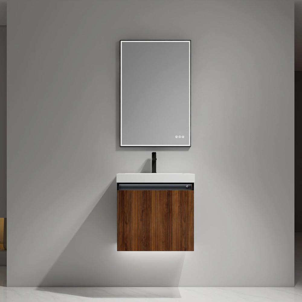The Lille Wall Mounted Bathroom Vanity features a minimalist design with a vertical-grooved wooden cabinet, a rectangular mirror above the wall-mounted sink, and a modern, uncluttered look set against a plain gray wall.