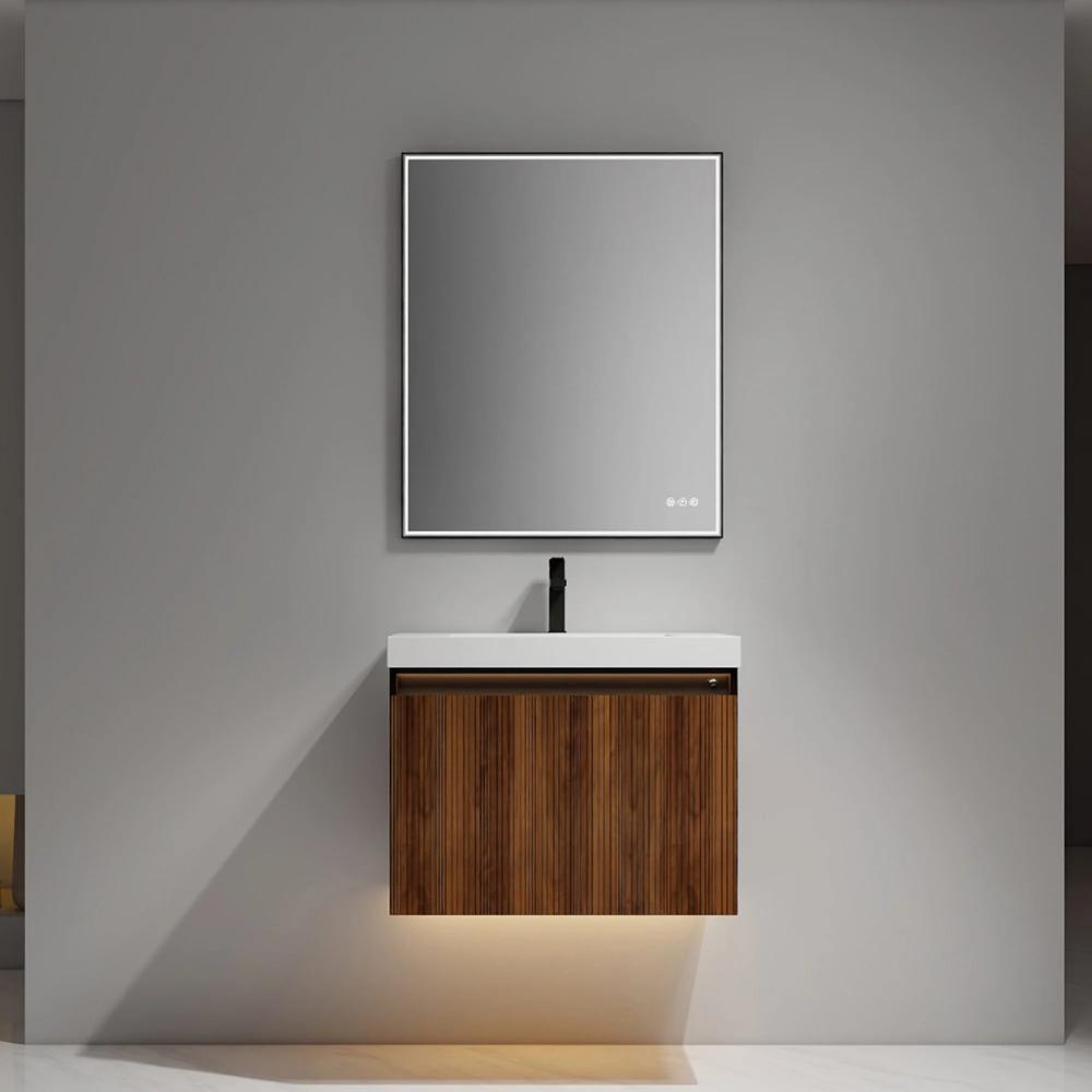 The Lille Wall Mounted Bathroom Vanity features a wooden cabinet with a white sink, black faucet, and rectangular mirror. Mounted on a gray wall, it is accented by warm under-cabinet lighting for a modern touch.