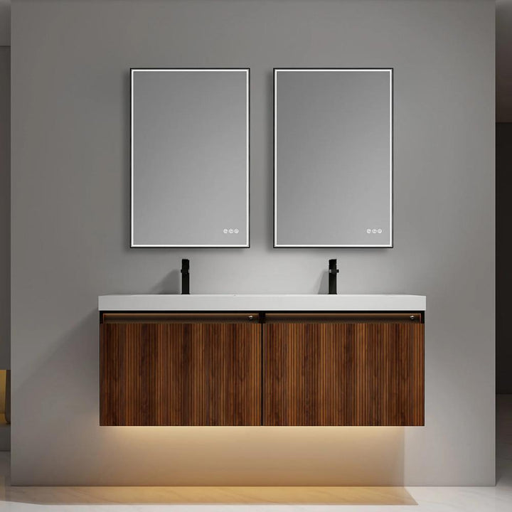 The Lille Wall Mounted Bathroom Vanity features two rectangular mirrors, dual black faucets, and a floating wooden cabinet with vertical grooves, illuminated from below for a minimalist, stylish appearance.
