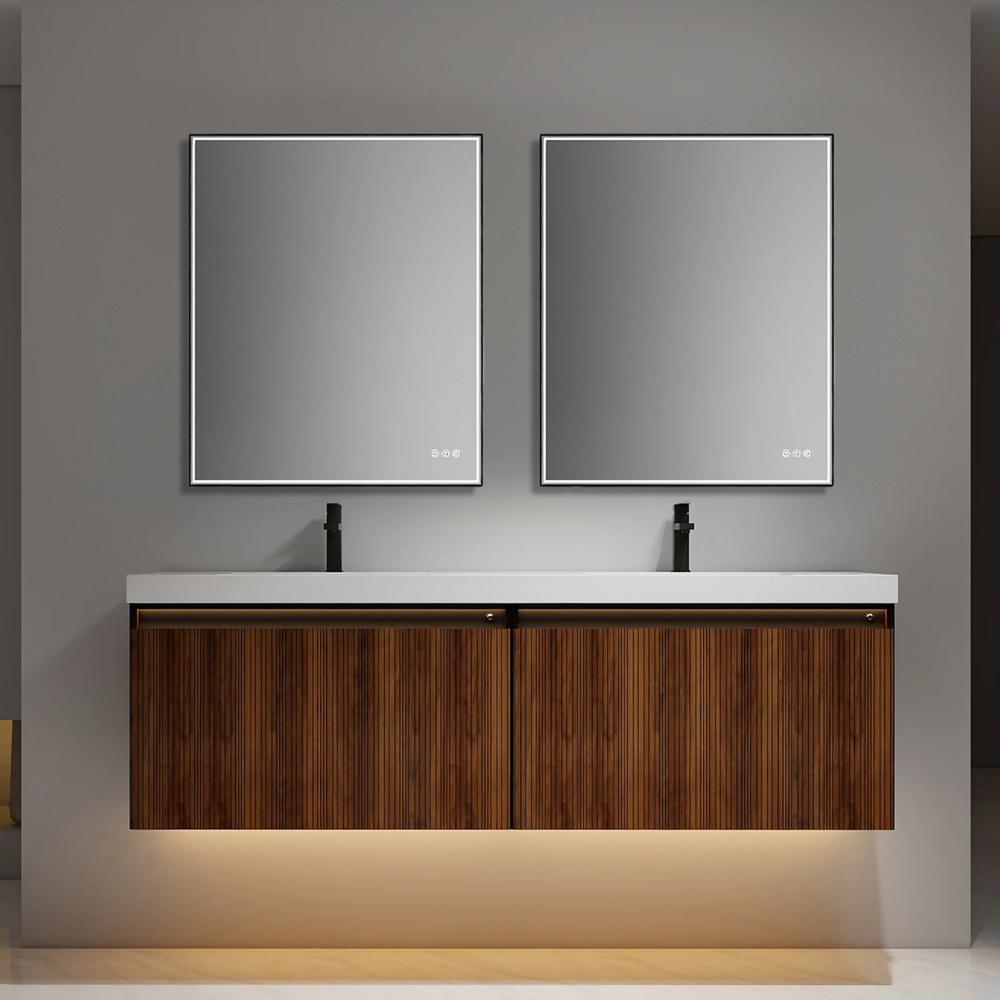 A modern bathroom features the Lille Wall Mounted Bathroom Vanity with two sinks and rectangular mirrors above; warm under-cabinet lighting highlights the sleek, minimalist design.