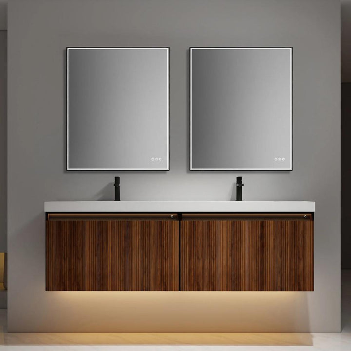 A modern bathroom features the Lille Wall Mounted Bathroom Vanity with two sinks and rectangular mirrors above; warm under-cabinet lighting highlights the sleek, minimalist design.