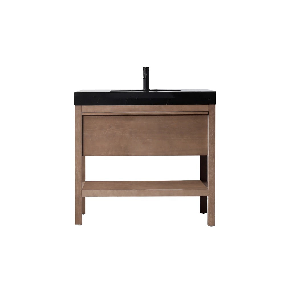 The Bibury 36 Inch Bathroom Vanity with Top features a wooden base, open lower shelf, and black countertop with built-in sink and single faucet, all set against a white background.