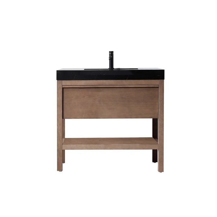 The Bibury 36 Inch Bathroom Vanity with Top features a wooden base, open lower shelf, and black countertop with built-in sink and single faucet, all set against a white background.