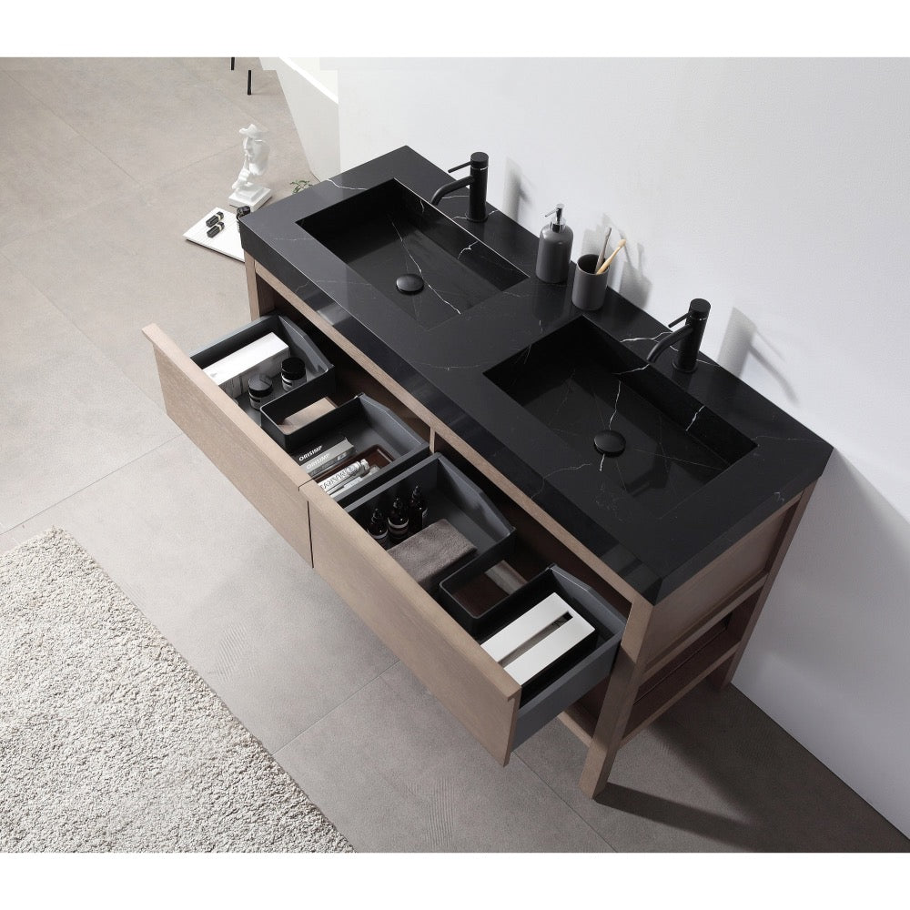 The Bibury 48 Inch Double Bathroom Vanity with Top includes a sleek black double sink, black faucets, two open wooden drawers for toiletries, and a modern countertop holding soap dispensers and a toothbrush holder.