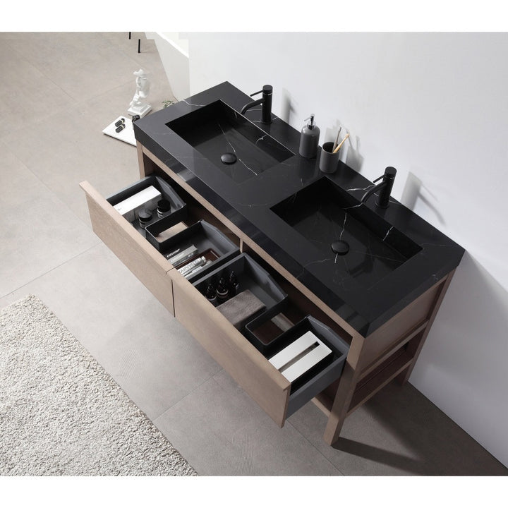 The Bibury 48 Inch Double Bathroom Vanity with Top includes a sleek black double sink, black faucets, two open wooden drawers for toiletries, and a modern countertop holding soap dispensers and a toothbrush holder.