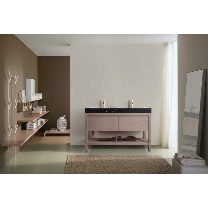 Modern bathroom with neutral tones, featuring the Bibury 48 Inch Double Bathroom Vanity with Top, black countertop, gold faucets, large mirror, rug, open shelves with towels and decor, and a full-length mirror by a window with sheer curtains.