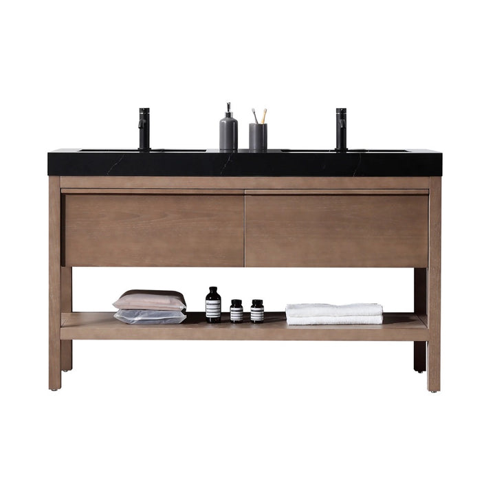 The Bibury 60 Inch Double Bathroom Vanity with Top boasts a modern design, black countertop, wooden base, two drawers, and an open shelf ideal for storing towels, containers, and bottles.