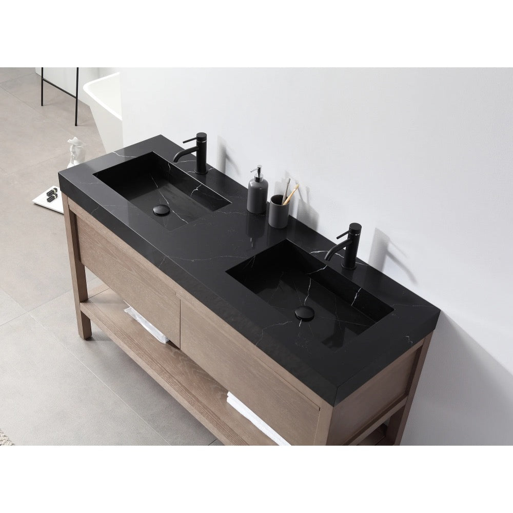 The Bibury 60 Inch Double Bathroom Vanity with Top features a black marble countertop, two rectangular sinks, sleek black faucets, soap dispensers, and a light wood base with drawers and an open shelf below.