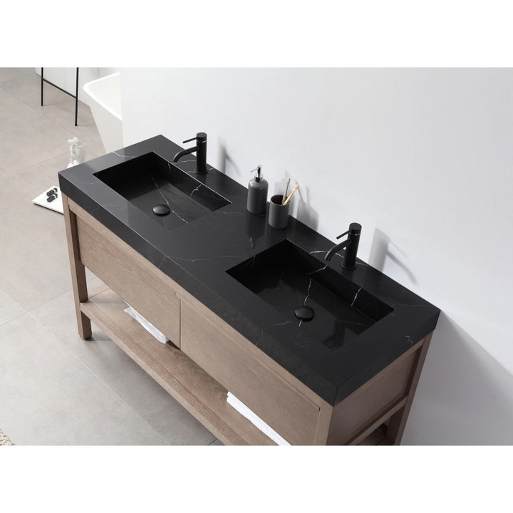 The Bibury 60 Inch Double Bathroom Vanity with Top features a black marble countertop, two rectangular sinks, sleek black faucets, soap dispensers, and a light wood base with drawers and an open shelf below.