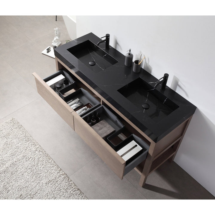 The Bibury 60 Inch Double Bathroom Vanity with Top features a sleek black double sink countertop, open drawers with organized toiletries and bottles, and is set against gray tiled floors with a light-colored rug.
