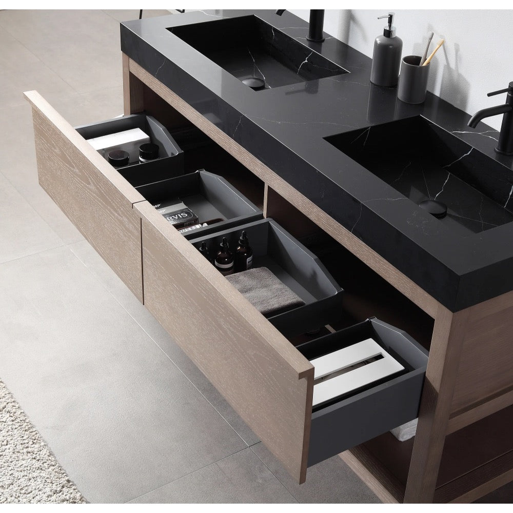 The Bibury 60 Inch Double Bathroom Vanity with Top features a modern design, black countertop, and two sinks; open wooden drawers reveal organized compartments for toiletries, towels, and bathroom essentials.