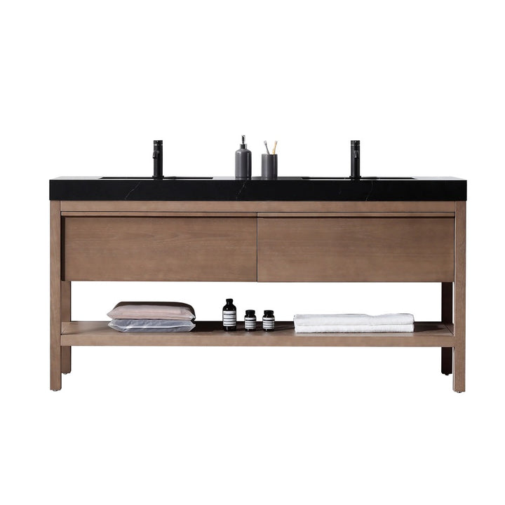 The Bibury 72 Inch Double Bathroom Vanity with Top features a modern double-sink design, black countertop, wooden base, two faucets, and an open lower shelf for towels and bottles, set against a white background.