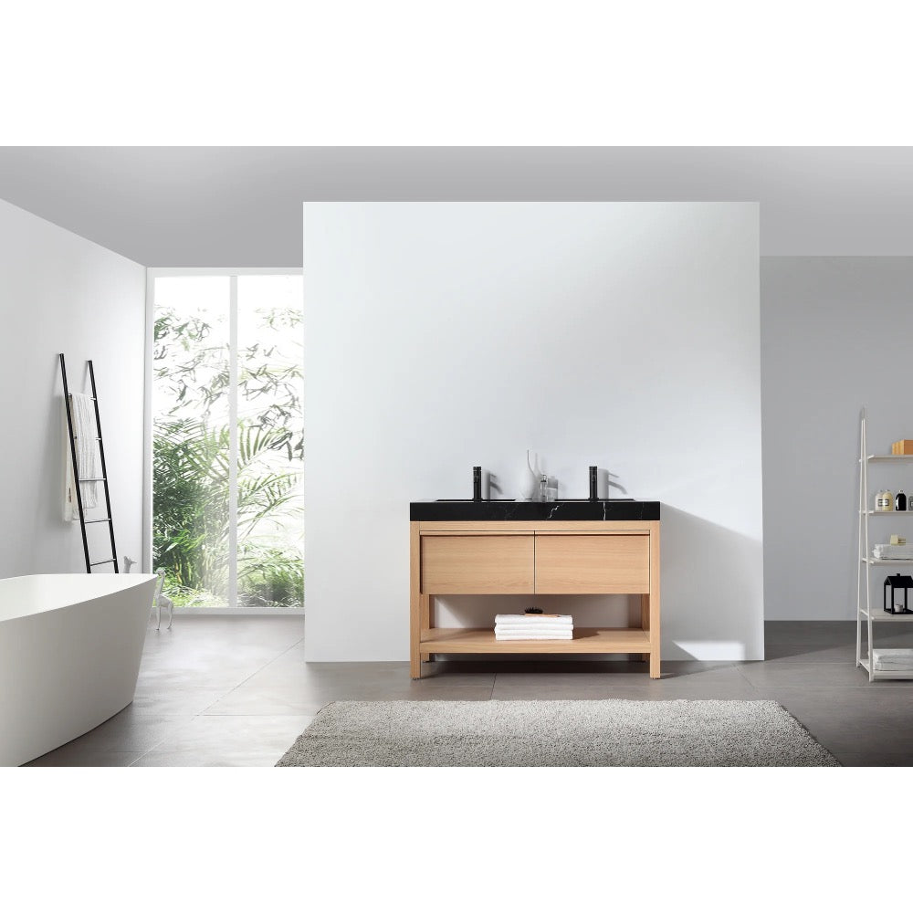 Modern bathroom featuring a Bibury 48 Inch Double Bathroom Vanity with Top, a freestanding bathtub, gray rug, ladder-style towel rack, open shelving, and large windows flooding the space with natural light.
