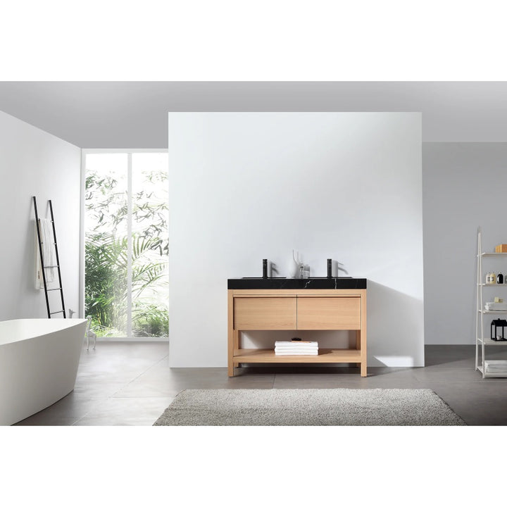 Modern bathroom featuring a Bibury 48 Inch Double Bathroom Vanity with Top, a freestanding bathtub, gray rug, ladder-style towel rack, open shelving, and large windows flooding the space with natural light.