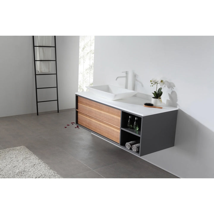 Modern bathroom featuring the Goreme 48 Inch Wall Mount Bathroom Vanity With Vessel Sink, wood drawers, open shelving with towels and glass bottles, a black ladder shelf against a white wall, and rose petals scattered on the floor.