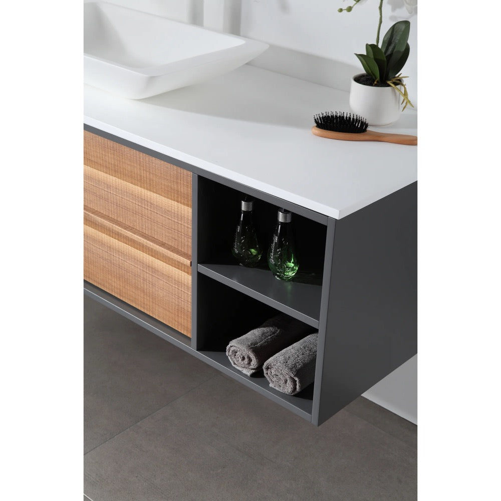 The Goreme 48 Inch Wall Mount Bathroom Vanity With Vessel Sink features an open shelf with two small green bottles, two rolled gray towels, a white countertop and sink, a plant, and a hairbrush.