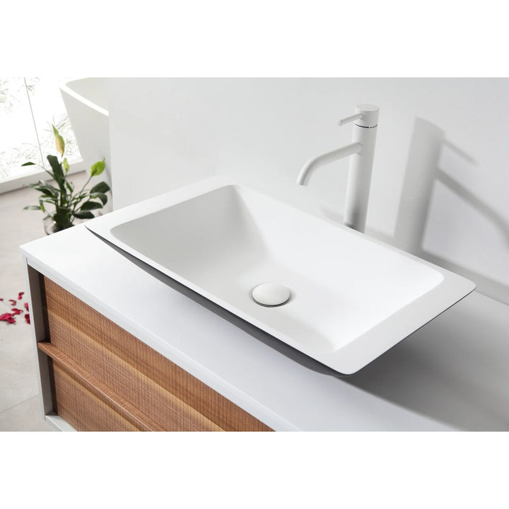 The Goreme 48 Inch Wall Mount Bathroom Vanity With Vessel Sink includes a rectangular white vessel sink, minimalist white faucet, and wooden vanity with a white countertop, creating a modern look in any bright bathroom.