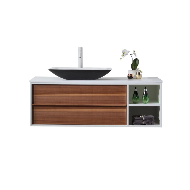 The Goreme 48 Inch Wall Mount Bathroom Vanity With Vessel Sink includes two wooden drawers, a black rectangular sink, a white faucet, an orchid plant, two green glass bottles, and two folded gray towels on open shelves.