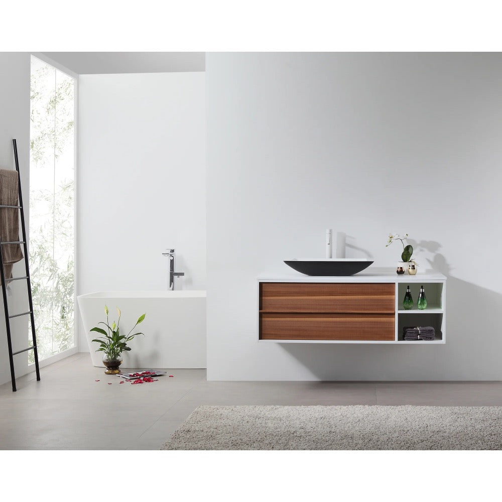 A minimalist bathroom features the Goreme 48 Inch Wall Mount Bathroom Vanity With Vessel Sink, a freestanding tub, ladder towel rack, wood drawers, round black basin sink, toiletries, potted plant, and an orchid in a bright white space.
