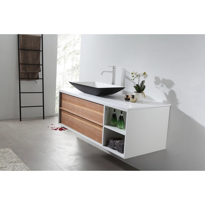 The Goreme 48 Inch Wall Mount Bathroom Vanity With Vessel Sink features wooden drawers, open shelves with towels and bottles, a potted orchid, all set against a white wall with a nearby towel ladder.