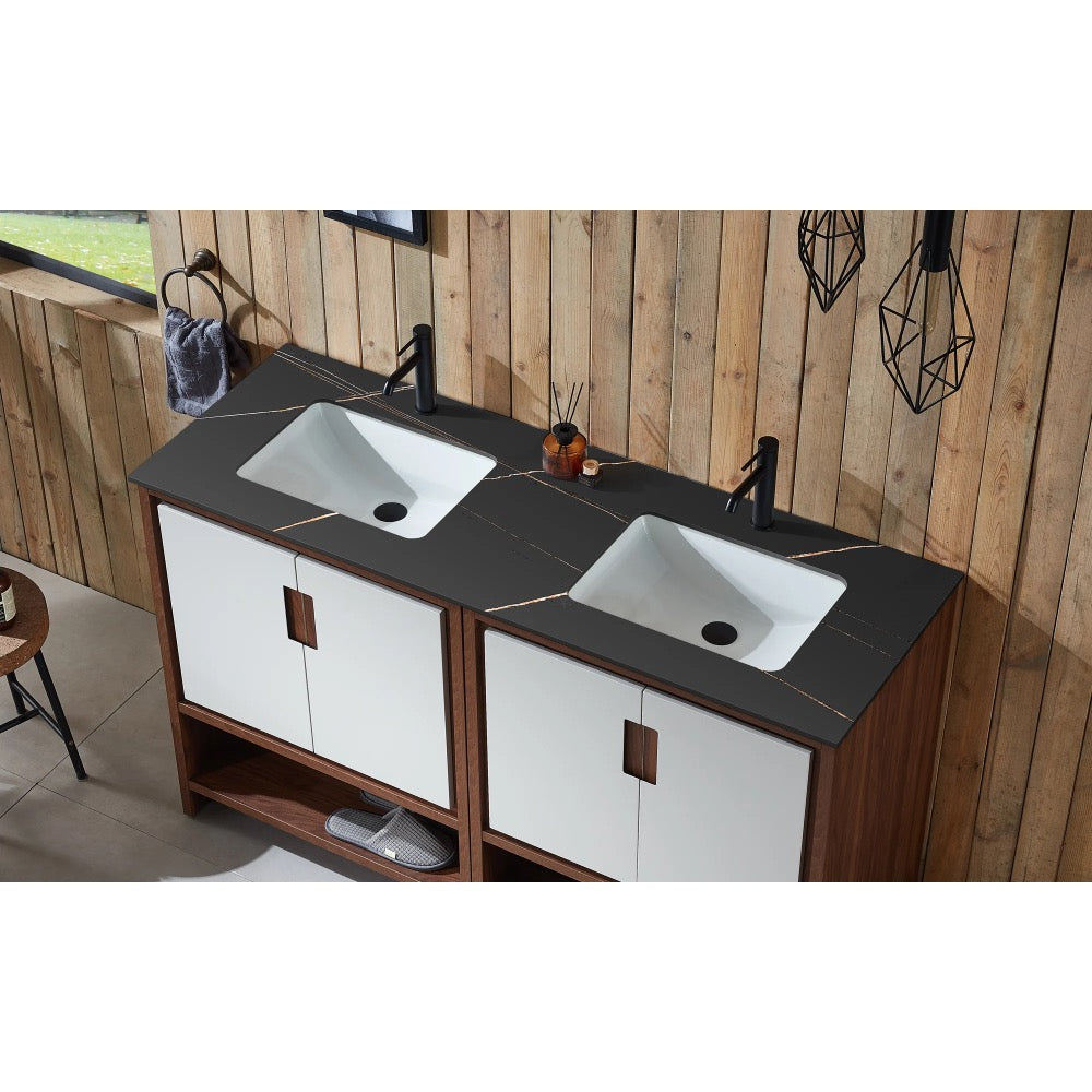 The Lyon 60 Inch Double Bathroom Vanity with Top features a dark countertop, white rectangular sinks, black faucets, wooden base, and a slatted wood wall backdrop, complemented by pendant lights and a window on the left.