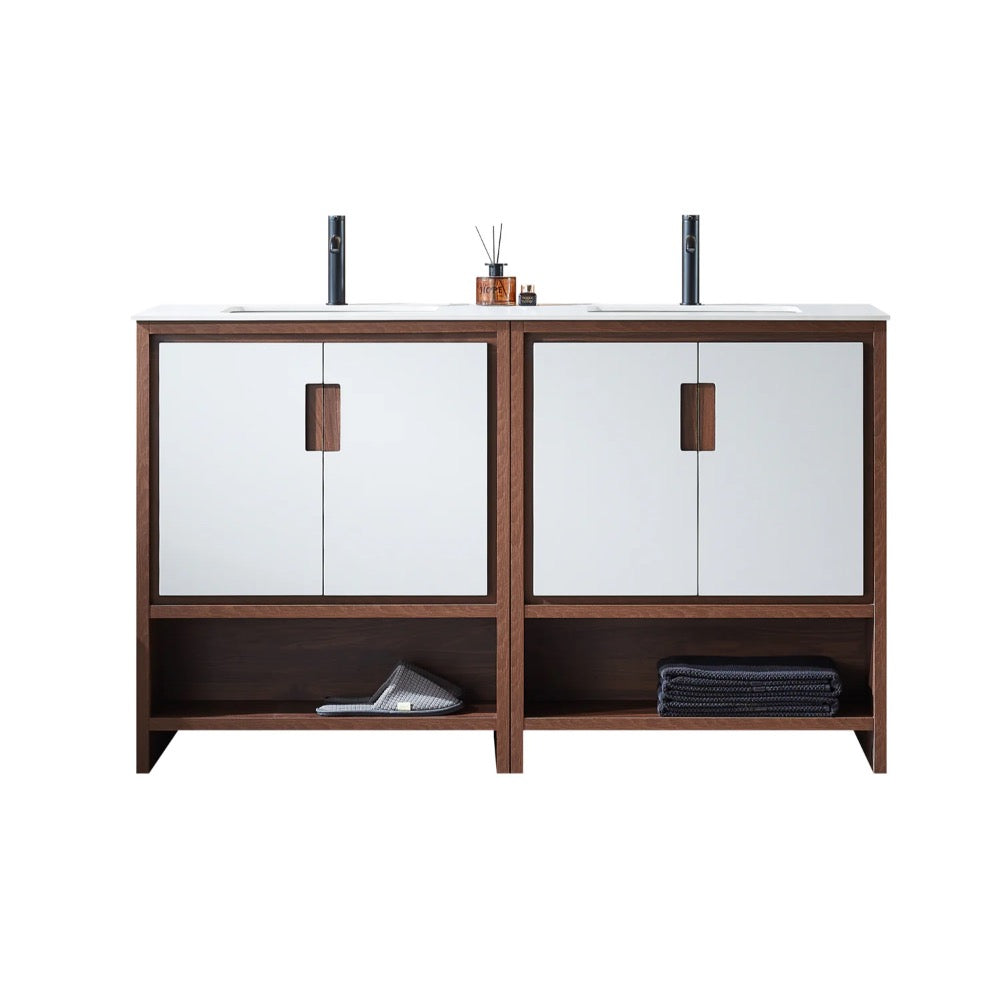 The Lyon 60 Inch Double Bathroom Vanity with Top features two white sink basins, mirrored cabinet doors, a dark wood frame, open lower shelves, and neatly arranged towels for a modern and organized bathroom look.