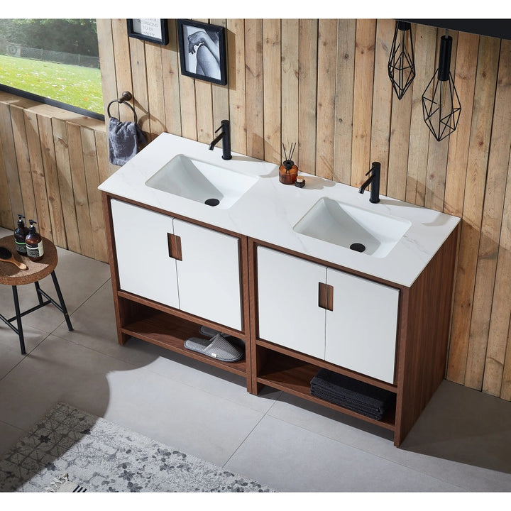 A modern Lyon 60 Inch Double Bathroom Vanity with Top features white basins, dark faucets, wooden cabinets, minimalist decor, and pendant lights against a wooden plank wall, with a window on the left letting in natural light.