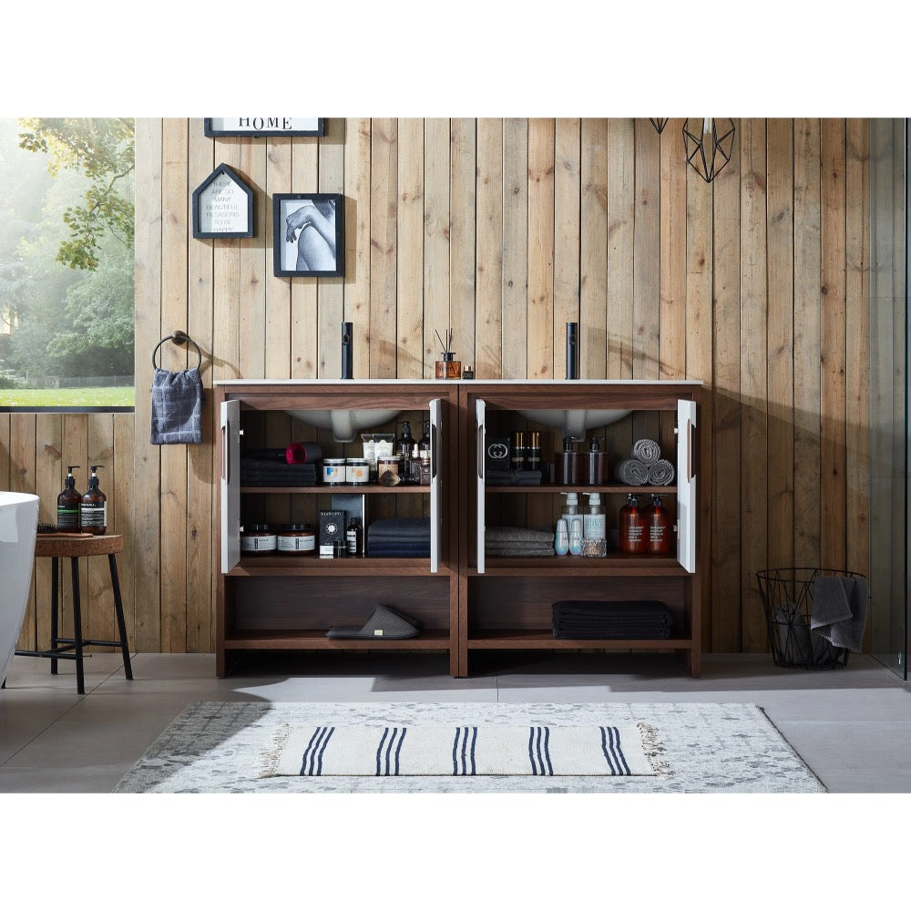 Two open bathroom cabinets, like the Lyon 60 Inch Double Bathroom Vanity with Top, are filled with toiletries and towels against a wooden plank wall, while minimalist decor and framed art hang above as light streams in over the striped rug below.
