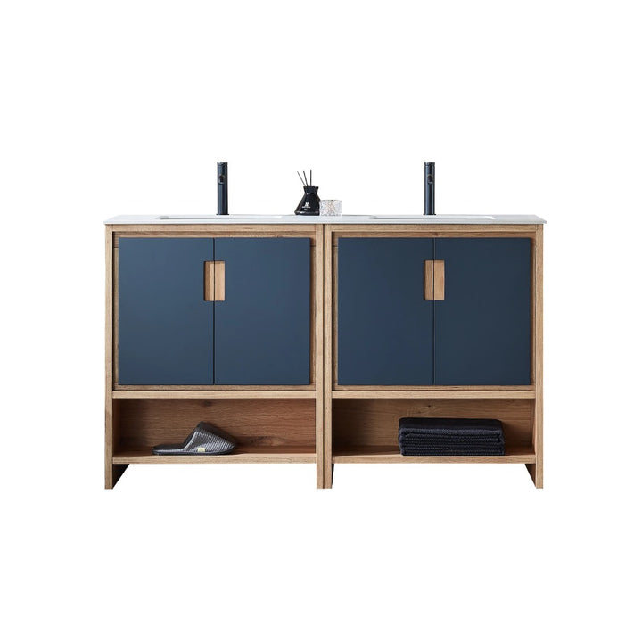 The Lyon 60 Inch Double Bathroom Vanity with Top features a light wood frame, blue cabinet doors, open bottom shelves, and two sinks with tall black faucets. Spacious shelves below hold towels and a tray for organized storage.