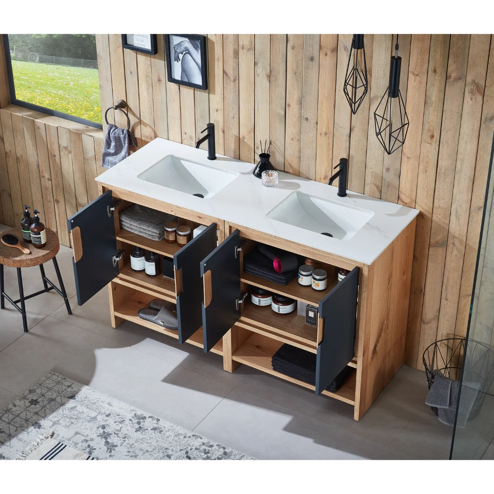 The Lyon 60 Inch Double Bathroom Vanity with Top features a white countertop, black faucets, open cabinet doors, and shelves storing toiletries, towels, and baskets, all set against a wooden wall in a bright bathroom.