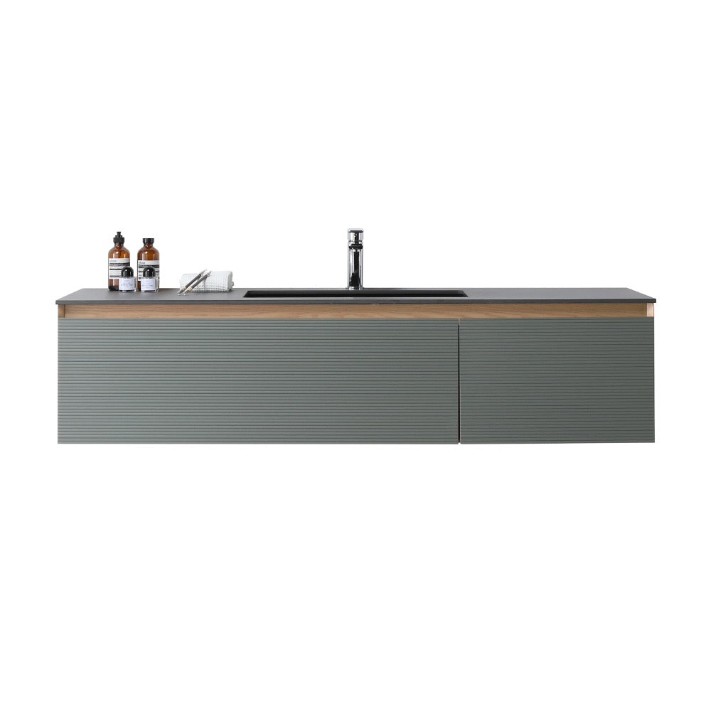 Modern minimalist kitchen sink unit with green grooved cabinetry, wood countertop, black faucet, and soap dispensers exudes the elegance of an Oslo 60 Inch Wall Mount Single Bathroom Vanity; a folded towel sits on the left side of the counter.