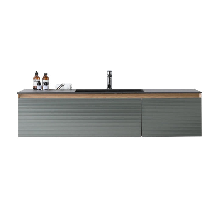 Modern minimalist kitchen sink unit with green grooved cabinetry, wood countertop, black faucet, and soap dispensers exudes the elegance of an Oslo 60 Inch Wall Mount Single Bathroom Vanity; a folded towel sits on the left side of the counter.