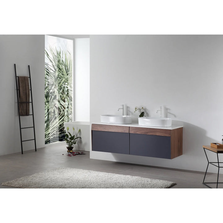 A modern minimalist bathroom showcases the Ronda 55 Inch Wall Mount Vanity with Double Vessel Sinks, dark lower cabinets, a ladder-style towel rack, large window with views of greenery, and a light rug on a sleek gray floor.