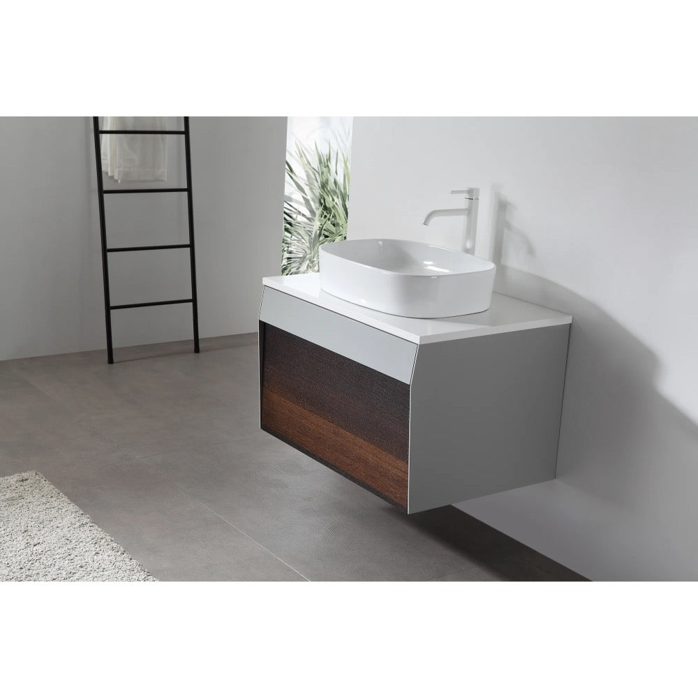 Modern bathroom with a Ronda 30 Inch Wall Mount Bathroom Vanity featuring a white countertop, vessel sink, and wood-accented drawer. Minimalist decor includes gray floor tiles, white walls, and a black ladder-style towel rack.